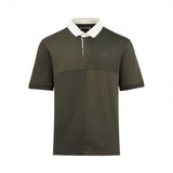 Dark khaki short-sleeved knit polo shirt with a white collar, two-button placket, and subtle chest logo.