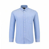 Blue and white vertically striped long-sleeve shirt with a button-down collar, white buttons, and a left chest pocket.