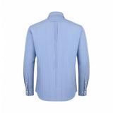 Back view of a blue long-sleeved shirt with vertical white stripes, a collar, buttoned cuffs, and back pleats.