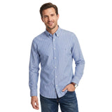 Men's long-sleeved button-down shirt in blue with white vertical stripes and a chest pocket.