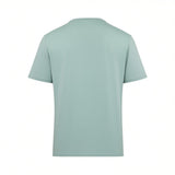 Back view of a plain, pale green short-sleeved T-shirt with a crew neck and a smooth fabric texture.