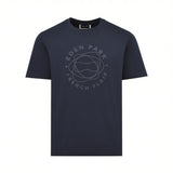 Dark blue crew neck T-shirt with a large, circular, tonal Eden Park French Flair graphic print on the chest.