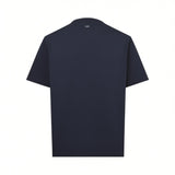 Dark blue short-sleeve crew neck t-shirt. Features a small light-colored rectangular logo on the upper back.
