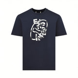 Dark blue short-sleeved crew neck T-shirt with a white abstract graphic print on the front.
