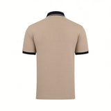Light beige short-sleeve polo shirt with a black collar featuring two white stripes, and black sleeve cuffs with one white st
