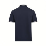 Dark blue short-sleeve polo shirt with a white-striped collar and two white stripes on the sleeve cuffs. Pique knit.
