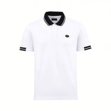 White short-sleeve polo shirt with black collar and cuffs, both featuring two white stripes. Three white buttons and a black