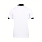 White short-sleeved polo shirt, back view. It has a black collar with a white stripe and white cuffs with two black stripes.