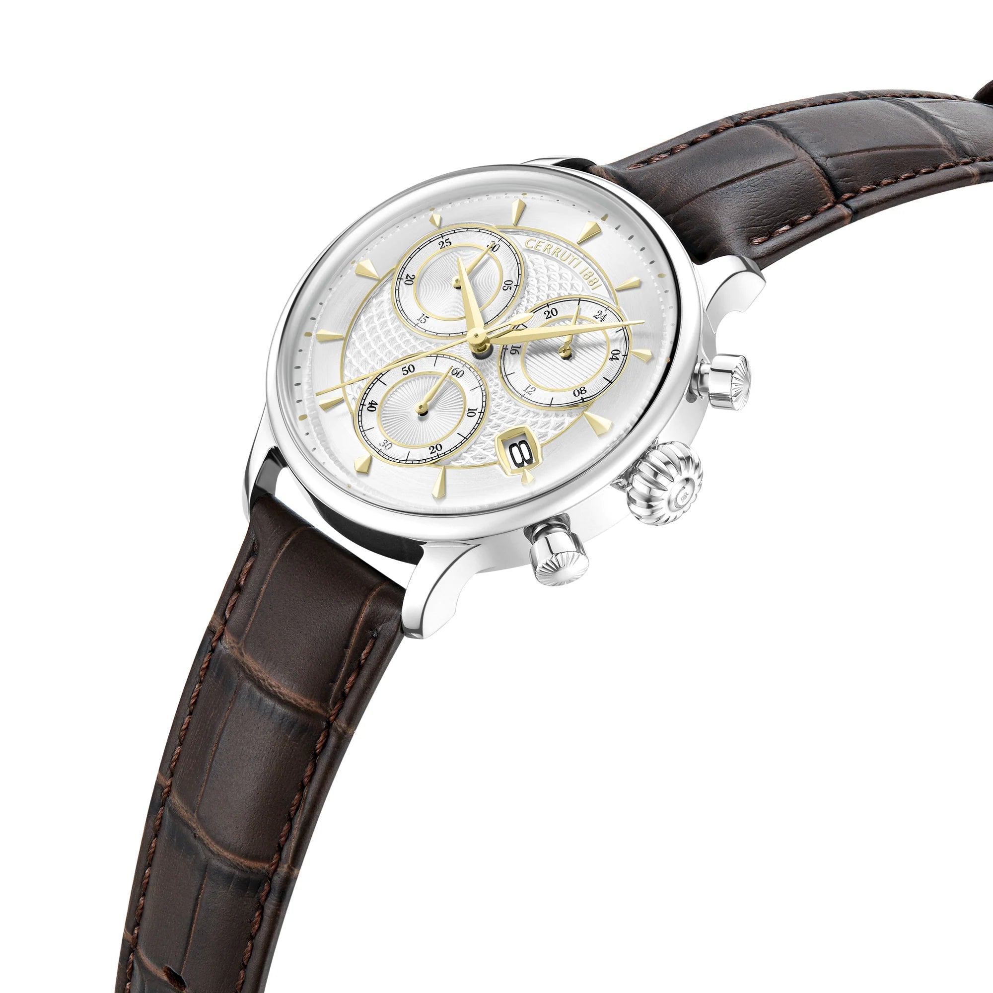Cerruti 1881 Dervio Chronograph Gents Watch - Silver Dial, Gold Accents, Brown Leather | Collection: Watches | departure-to-desk | EID2026 | Fashion Watches | Gift Box | Men | Men Eid26 | Mens | Mens Watches | new-season-2025 | Watch | Watches | Who: For Cerruti 1881 Dervio Chronograph Gents Watch - Silver Dial, Gold Accents, Brown Leather | Collection: Watches | departure-to-desk | EID2026 | Fashion Watches | Gift Box | Men | Men Eid26 | Mens | Mens Watches | new-season-2025 | Watch | Watches | Who: For