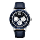 Cerruti men's chronograph watch with a dark blue dial, silver-toned case, and dark blue crocodile-embossed leather strap.