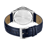 Back view of a silver-toned stainless steel watch with a dark blue crocodile-textured leather strap and silver-toned buckle.