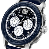 Silver-toned watch with a dark blue face, white hour markers, three white sub-dials, a date window, and a dark blue textured