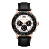 Rose-gold-toned Cerruti men's chronograph watch with a white dial, black sub-dials, and a black crocodile-embossed leather st