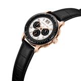 Rose gold-toned watch with a white dial, black subdials, and a black bezel, on a black crocodile-embossed leather strap.