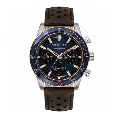 Cerruti Turchino Gents Navy Blue Dial Silver Blue Case Brown Leather Strap Watch