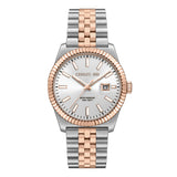 Men's Cerruti watch with silver-toned case, rose gold-toned fluted bezel, silver dial, and two-tone bracelet.
