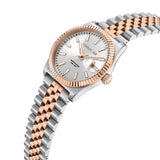 Watch with a fluted rose-gold-toned bezel, white dial, rose-gold-toned hands, and a two-tone bracelet.