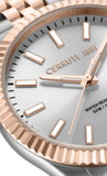 Silver-toned watch with white brushed dial, rose gold-toned hands, rectangular markers, and fluted bezel. Two-toned bracelet.