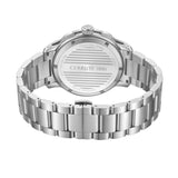 Silver-toned stainless steel watch, back view. Engraved case back, link bracelet with a butterfly clasp.