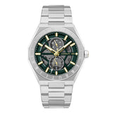 Cerruti men's watch with a silver-toned octagonal case, silver-toned link bracelet, and a green skeletonised dial with gold-t