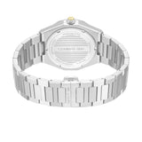 Silver-toned stainless steel watch with an octagonal case, link bracelet, and branded clasp. Crown has a gold-toned accent.