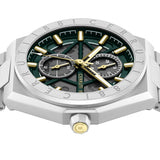 Silver-toned octagonal watch with a green and dark gray dial, gold-toned hands/markers, two sub-dials, and a silver-toned bra