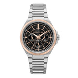 Cerruti men's stainless steel watch with a silver-toned bracelet, rose gold-toned fluted bezel, and black multi-dial face.