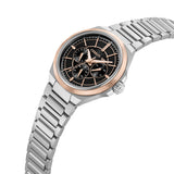 Silver-toned octagonal watch with rose-gold-toned fluted bezel, black dial with three sub-dials, gold-toned hands, and a meta