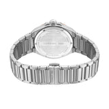 Back view of a silver-toned stainless steel watch with a link bracelet. Engraved case back, subtle rose-gold accent on the si