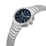 Silver-toned chronograph watch with a dark blue striped dial, three sub-dials, and a silver-toned metal link bracelet.