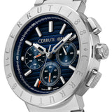 Silver-toned watch with a blue horizontally striped dial, three sub-dials, silver-toned markers, and orange accents. Engraved