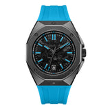 Cerruti watch with a dark grey octagonal case, black carbon fibre dial with sky blue accents, and a sky blue silicone strap.