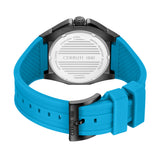 Back of a watch with a dark gray case, sky blue textured silicone strap, and a silver-toned case back with text. Dark gray bu