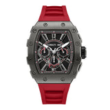 Cerruti men's watch with a gunmetal-toned tonneau case, black multi-textured chronograph dial, and a red ribbed strap.