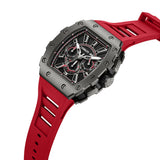 Gunmetal-toned tonneau chronograph watch with a black dial, red accents, white hands, and a red silicone strap.