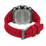 Red silicone strap watch with a rectangular gunmetal-toned case back, engraved with "CERRUTI 1881" and other details. Gunmeta