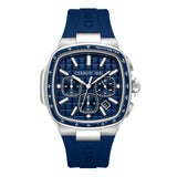 Cerruti men's watch with a silver-toned cushion-shaped case, blue patterned dial, three sub-dials, and a blue silicone strap.