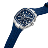 Silver-toned square watch with a blue textured dial, three subdials, and a blue silicone strap embossed with 'CERRUTI 1881'.