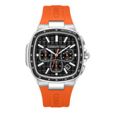Cerruti men's watch with silver-toned tonneau case, black textured dial, and bright orange flexible strap.