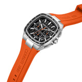Silver-toned square watch with black grid dial, orange hands, three sub-dials, and an orange silicone strap with 'CERRUTI 188