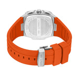 Orange silicone strap watch with a silver-toned square stainless steel case back and buckle. Case back has engraved text.