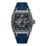 Cerruti men's watch with a grey tonneau-shaped case, dark grey dial, and a blue silicone strap.