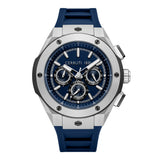 Men's silver-toned chronograph watch with a dark blue dial, three sub-dials, and a navy blue rubber strap.