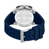 Silver-toned stainless steel watch with black pushers, a dark blue silicone strap embossed 'CERRUTI 1881', and a silver-toned