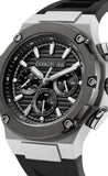 Three-quarter studio view of the Cerruti 1881 Lucardo watch, showing the 44mm rugged stainless steel bezel texture, dual chronograph pushers, and integrated crown.