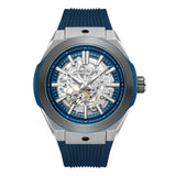 Cerruti men's automatic watch with a silver-toned case, blue bezel, blue ribbed silicone strap, and a visible skeleton dial.