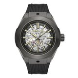 Cerruti men's automatic watch with a gunmetal-toned octagonal case, skeleton dial, and black ribbed silicone strap.