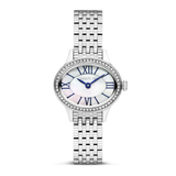 Silver-toned Cerruti women's watch with an oval case, white mother-of-pearl dial, blue hands, and a multi-link bracelet.