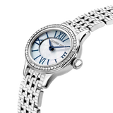 Silver-toned watch with a round case, crystal-encrusted bezel, white mother-of-pearl dial with blue Roman numerals and hands,