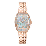 Rose gold-toned tonneau watch with a mother-of-pearl dial, Roman numerals, crystal-embellished bezel, and link bracelet.